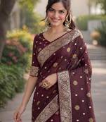 Maroon silk blend banarasi saree with unstitched blouse piece