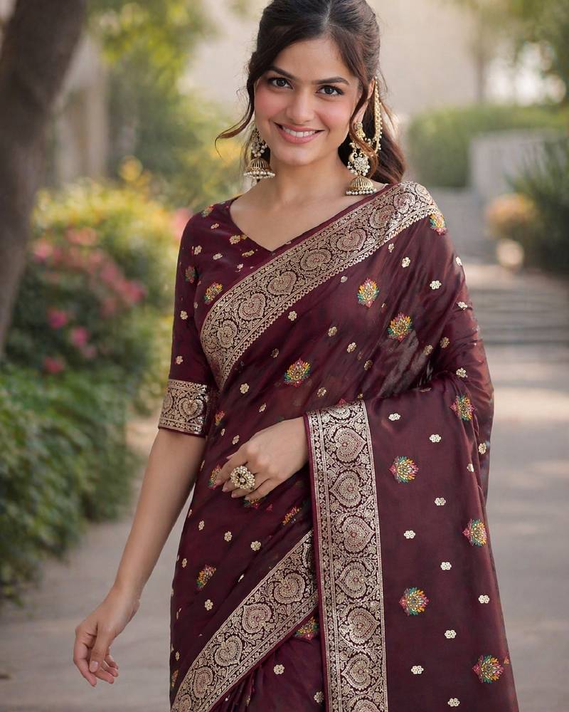 Maroon soft silk banarasi jacuard work designer party wear saree with unstitched blouse piece