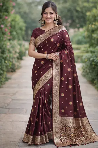 Maroon silk blend banarasi saree with unstitched blouse piece