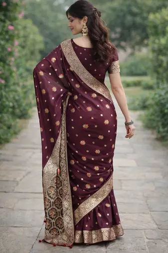 Maroon silk blend banarasi saree with unstitched blouse piece