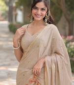 Off white pink silk blend banarasi saree with unstitched blouse piece