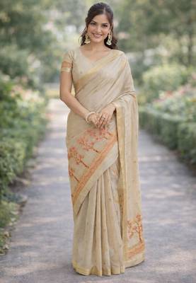 Off white pink silk blend banarasi saree with unstitched blouse piece 3