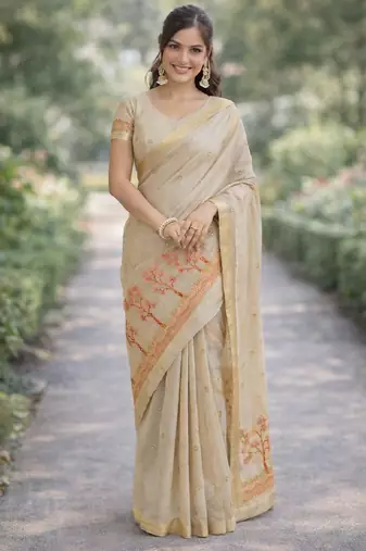 Off white pink silk blend banarasi saree with unstitched blouse piece