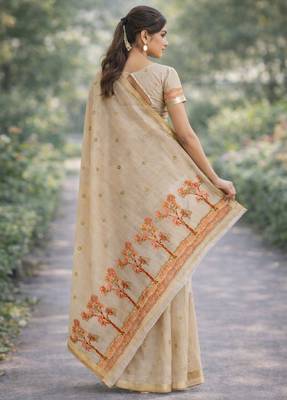 Off white pink silk blend banarasi saree with unstitched blouse piece 4