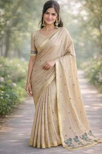 Off white rama silk blend banarasi saree with unstitched blouse piece