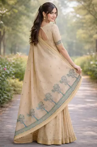 Off white rama silk blend banarasi saree with unstitched blouse piece