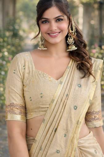 Off white red soft silk banarasi jacuard work designer party wear saree with unstitched blouse piece
