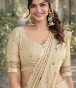 Off white red silk blend banarasi saree with unstitched blouse piece