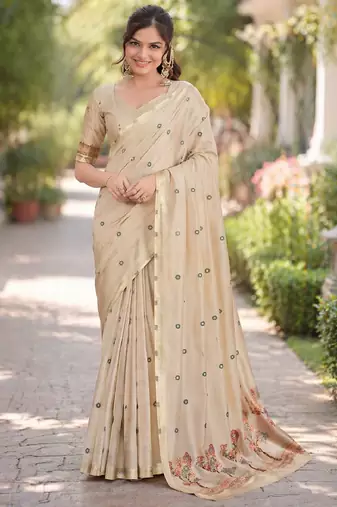 Off white red silk blend banarasi saree with unstitched blouse piece