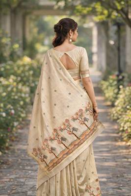 Off white red silk blend banarasi saree with unstitched blouse piece 5