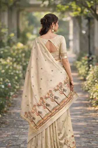 Off white red silk blend banarasi saree with unstitched blouse piece