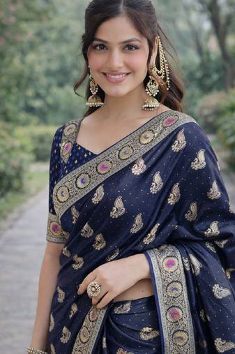 Blue soft silk banarasi jacuard work designer party wear saree with unstitched blouse piece