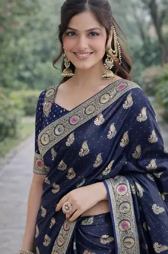 Blue soft silk banarasi jacuard work designer party wear saree with unstitched blouse piece