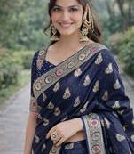 Blue silk blend banarasi saree with unstitched blouse piece