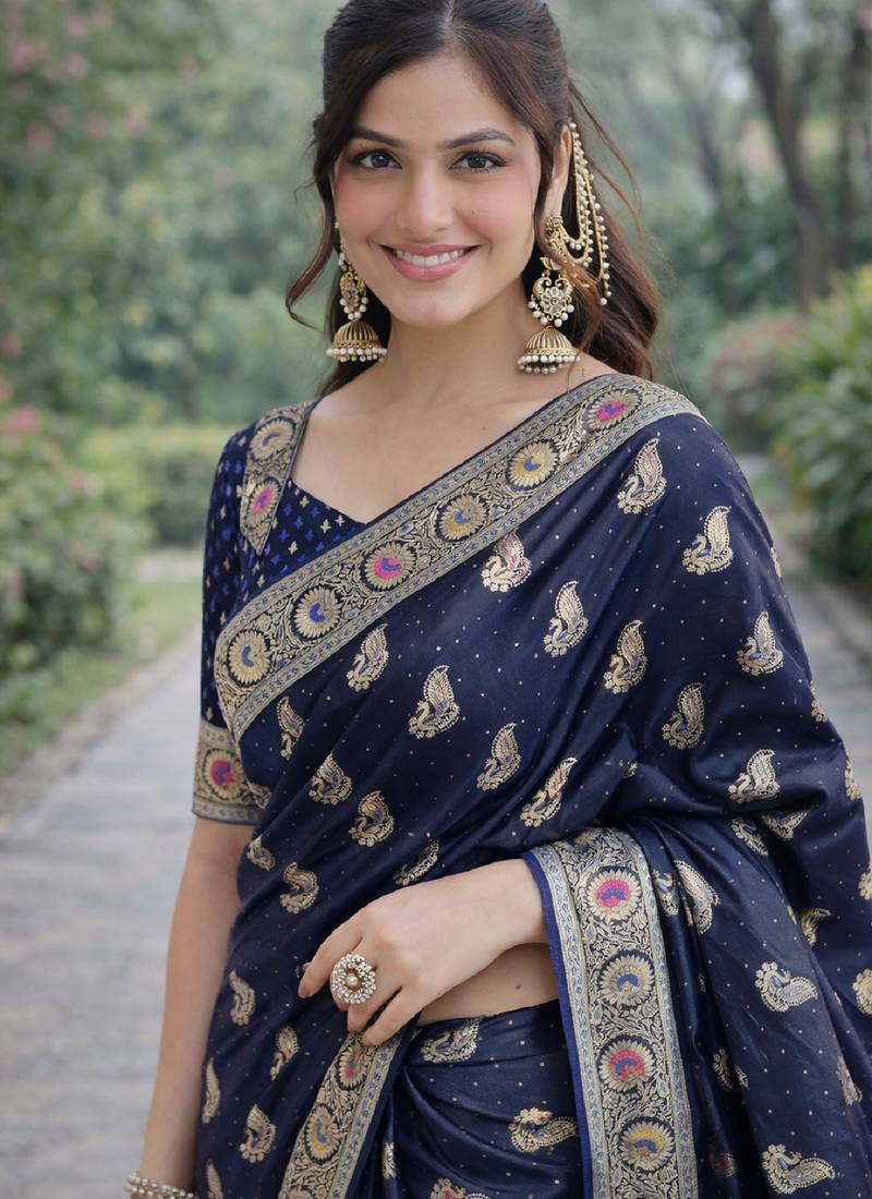 Blue soft silk banarasi jacuard work designer party wear saree with unstitched blouse piece