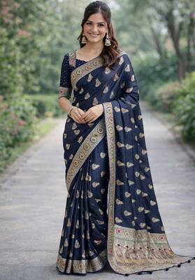 Blue silk blend banarasi saree with unstitched blouse piece 3