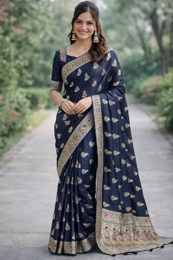 Blue silk blend banarasi saree with unstitched blouse piece