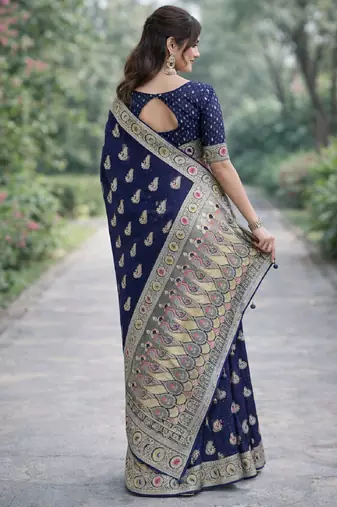Blue silk blend banarasi saree with unstitched blouse piece