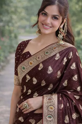 Maroon soft silk banarasi jacuard work designer party wear saree with unstitched blouse piece