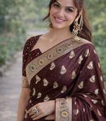 Maroon silk blend banarasi saree with unstitched blouse piece