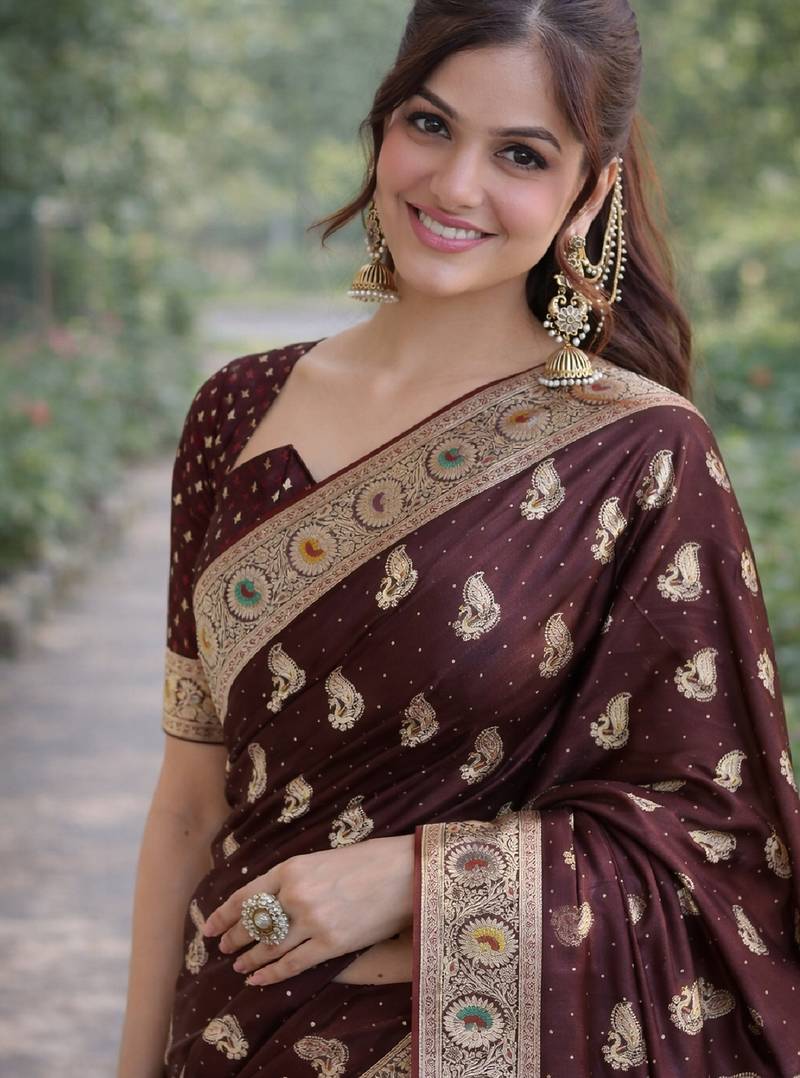 Maroon soft silk banarasi jacuard work designer party wear saree with unstitched blouse piece