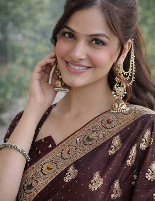 Maroon silk blend banarasi saree with unstitched blouse piece 2