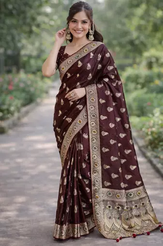 Maroon silk blend banarasi saree with unstitched blouse piece