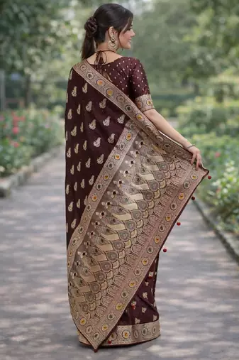 Maroon silk blend banarasi saree with unstitched blouse piece