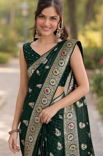 Green soft silk banarasi jacuard work designer party wear saree with unstitched blouse piece