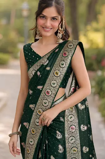 Green soft silk banarasi jacuard work designer party wear saree with unstitched blouse piece