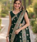 Green silk blend banarasi saree with unstitched blouse piece