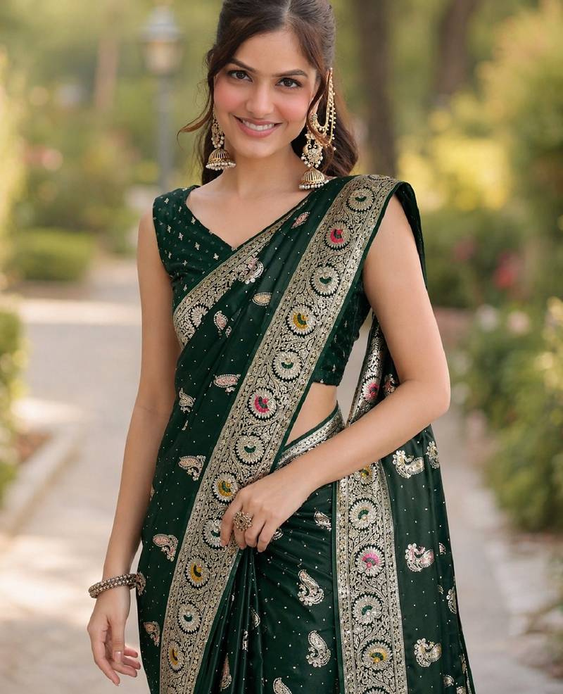 Green soft silk banarasi jacuard work designer party wear saree with unstitched blouse piece
