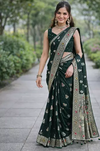Green silk blend banarasi saree with unstitched blouse piece