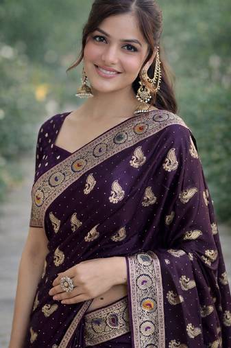 Plum soft silk banarasi jacuard work designer party wear saree with unstitched blouse piece