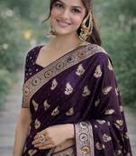 Plum silk blend banarasi saree with unstitched blouse piece