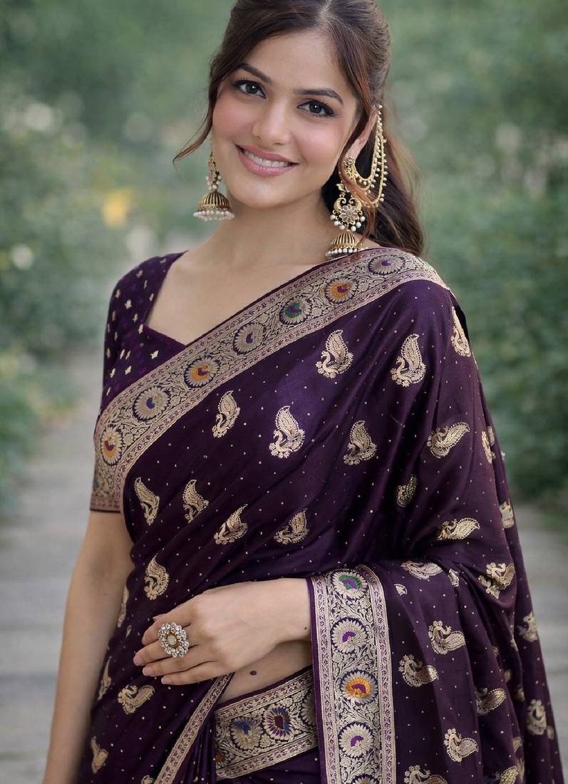 Plum soft silk banarasi jacuard work designer party wear saree with unstitched blouse piece