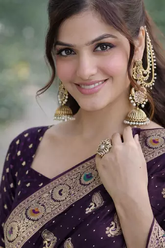 Plum silk blend banarasi saree with unstitched blouse piece