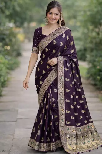 Plum silk blend banarasi saree with unstitched blouse piece