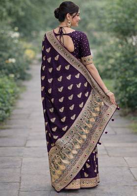 Plum silk blend banarasi saree with unstitched blouse piece 4