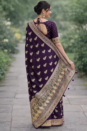 Plum silk blend banarasi saree with unstitched blouse piece