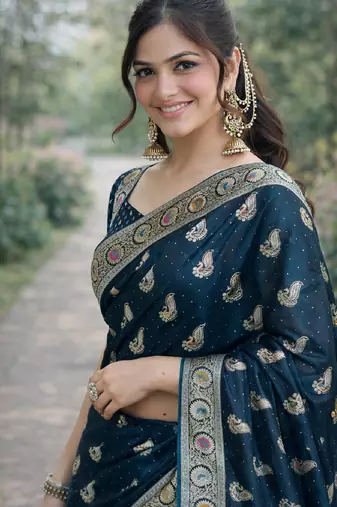 Rama soft silk banarasi jacuard work designer party wear saree with unstitched blouse piece