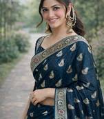 Rama silk blend banarasi saree with unstitched blouse piece