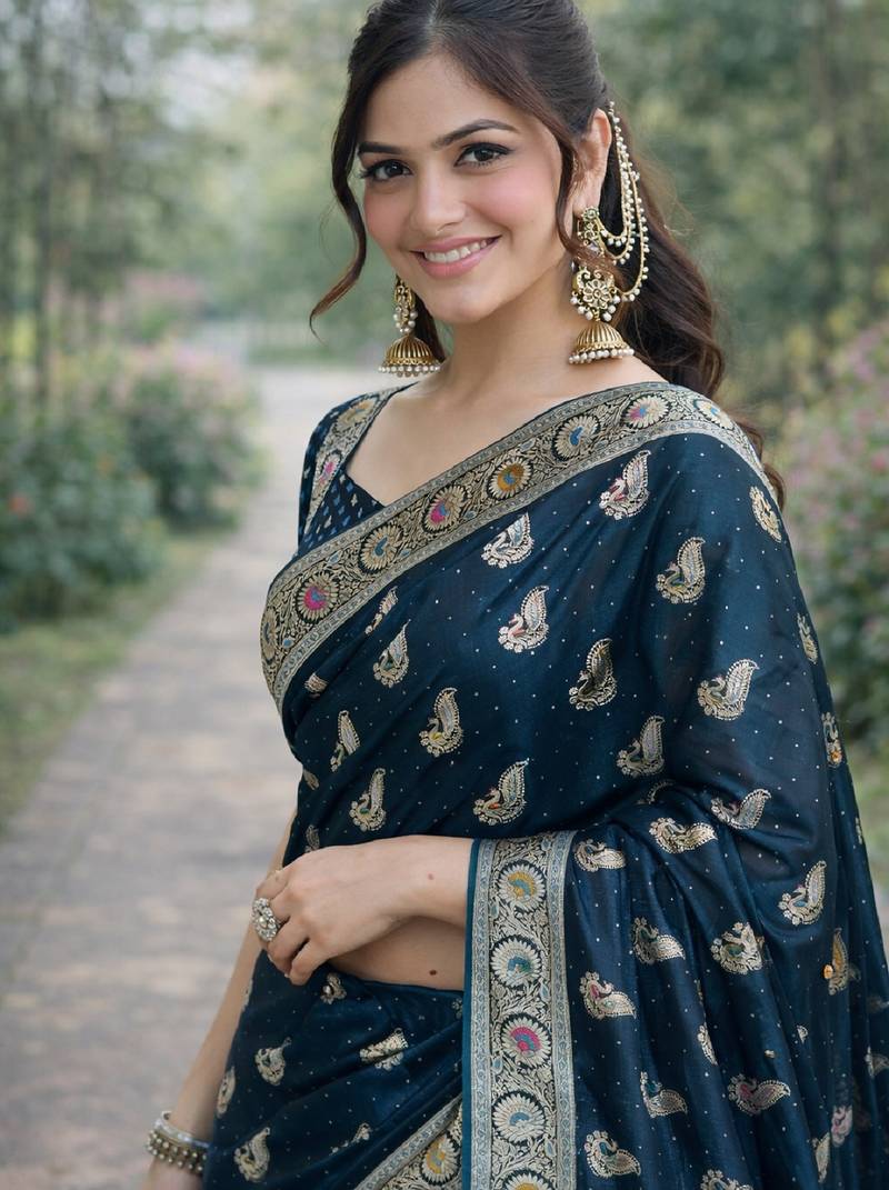 Rama soft silk banarasi jacuard work designer party wear saree with unstitched blouse piece