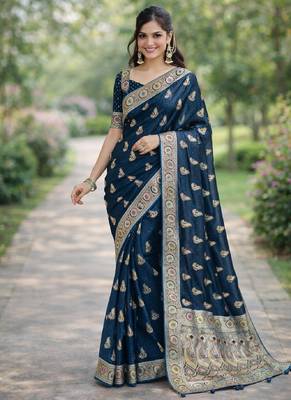 Rama silk blend banarasi saree with unstitched blouse piece 3