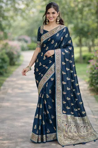 Rama silk blend banarasi saree with unstitched blouse piece