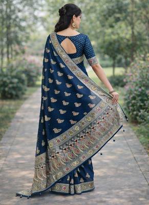 Rama silk blend banarasi saree with unstitched blouse piece 4