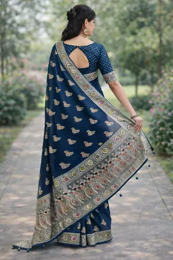 Rama silk blend banarasi saree with unstitched blouse piece