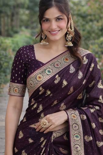 Wine soft silk banarasi jacuard work designer party wear saree with unstitched blouse piece