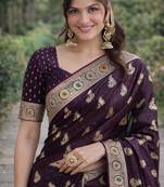 Wine silk blend banarasi saree with unstitched blouse piece