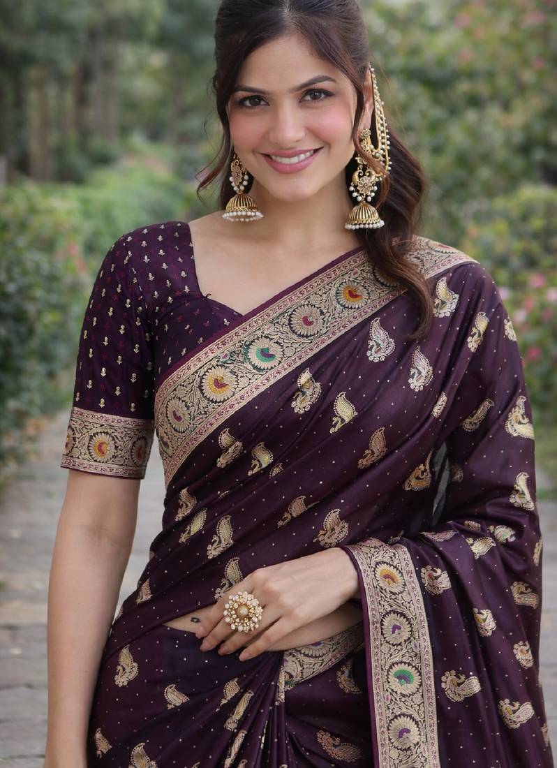 Wine soft silk banarasi jacuard work designer party wear saree with unstitched blouse piece